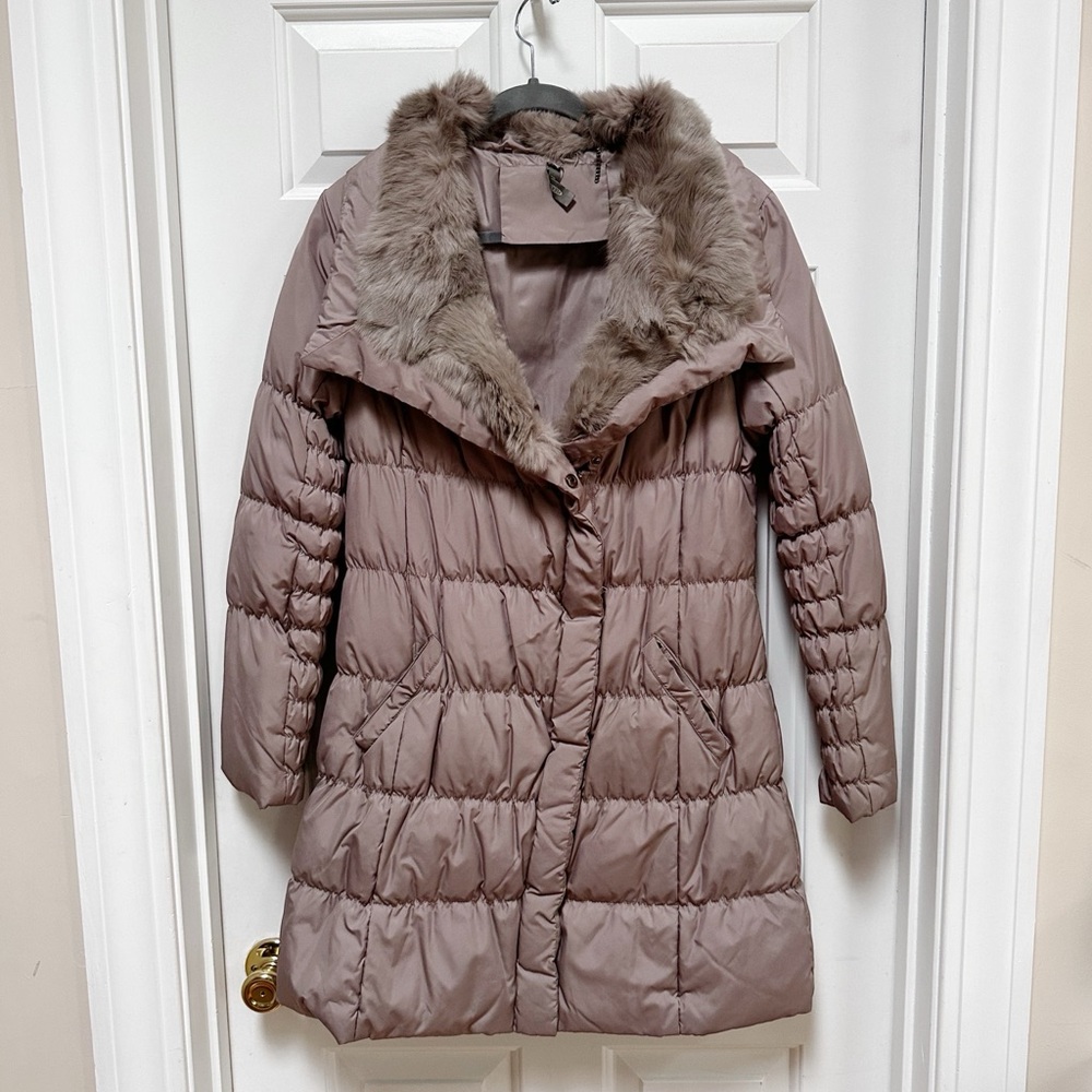 Women's Taupe Fur Trim Puffer Coat
